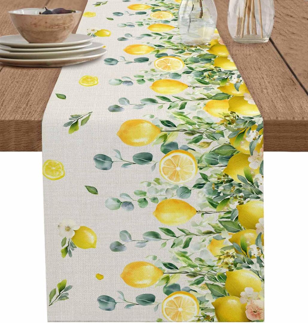 Lemon Table Runner 13x72 inch, Retro Watercolor Farm Fruit Eucalyptus Leaf Dinning Table Runner for Farmhouse Wedding Party Barbecue Table Decor