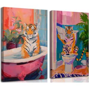 2Pcs Interesting Bathroom Tiger Canvas Wall Art Eclectic Pink Kitsch Aesthetic Animal in Bathtub Painting Picture Wall Decor Fashion Dopamine Poster Print Artwork for Restroom Home Decoration (Canvas, 16x24in)