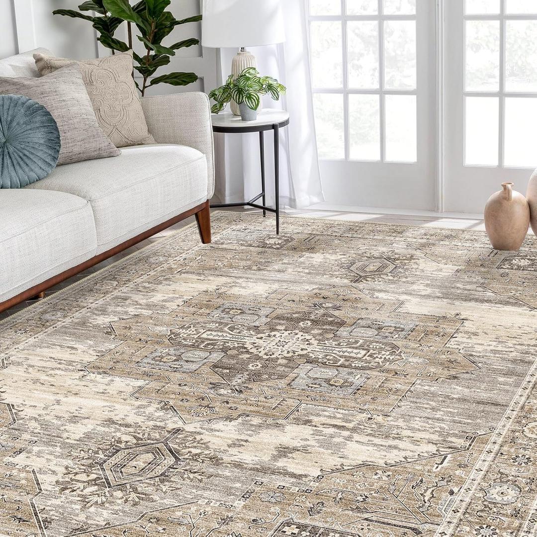 RUUGME Washable 5x7 Area Rugs - Large Rugs for Living Room Stain Resistant Carpet Vintage Rugs for Bedroom with Non Slip Backing Home Decor Floor Decoration Mat (5x7 Beige)