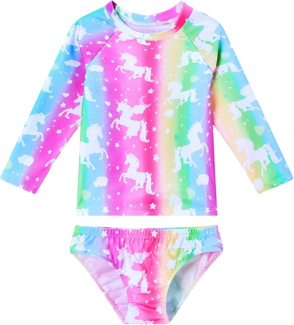Snowheart Girls Rash Guard Sets Long Sleeves Swimsuit 2 Pieces Tankini Bathing Suit Swimwear for Girls 3-12 Years ( Rainbow Unicorn)