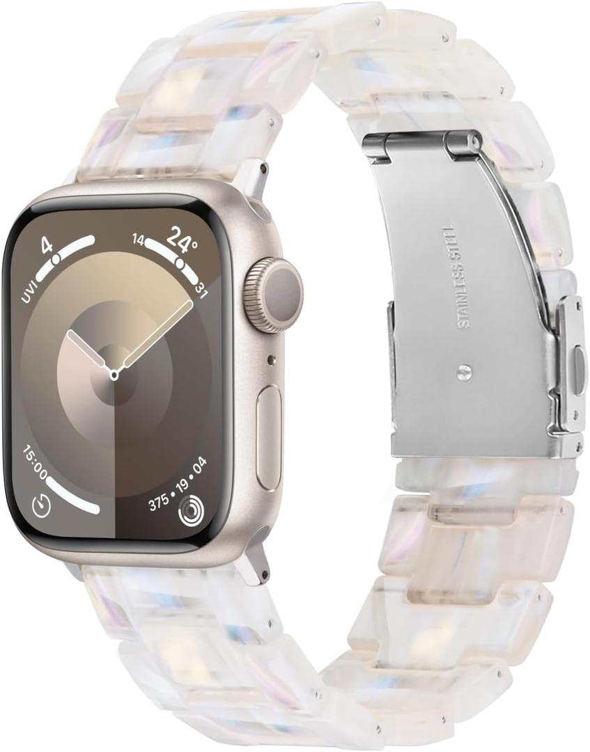 V-MORO Resin Band Compatible with Apple Watch Bands 42mm/41mm/40mm/38mm iWatch Series 11/10/9/8/7/6/5/4/3/2/1/SE Fashion Lightweight Strap Bracelet Wristband Women-Aurora (Colorful Creamy White-Silver)