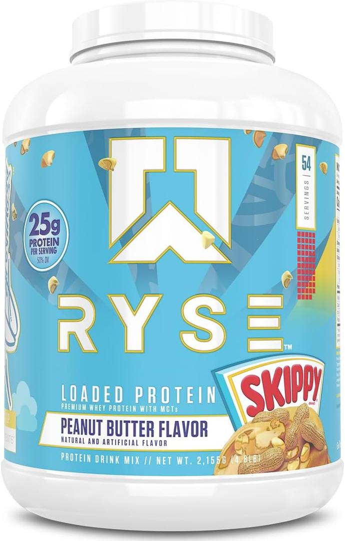 RYSE Loaded Protein Powder - Skippy Peanut Butter - 25g Whey Protein Isolate & Concentrate with Prebiotic Fiber & MCTs - Low Carb, Low Sugar, Digestive-Friendly - 54 Servings / 4 lb Tub, EXP: 03/2028