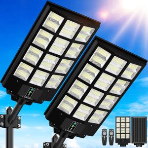 9000W Solar Street Lights Outdoor, 27" 240000LM Solar Lights Waterproof with Motion Sensor, 6500K Dusk to Dawn Commercial Lighting for Parking Lot, Security LED Flood Lights for Driveway Yard, 2-Pack