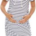 Women's Maternity Hoodie Dress Short Sleeve Split Side Ruched Pregnancy Clothes, White Navy Stripe, 2XL