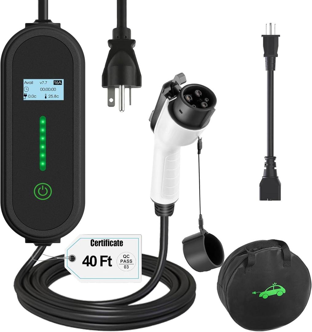 40Ft Cord EV Charger, 16Amp 110V/240V Portable Level 1 Level 2 Electric Vehicle Charging Station with NEMA 6-20 Plug & NEMA 5-15 Adapter for J1772 Electric Cars