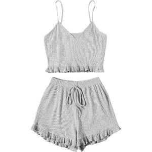 Avanova Women Sexy 2 Piece Pajama Set Ruffle Trim Cami Top and Shorts Sleepwear Set (Gray, XXL)