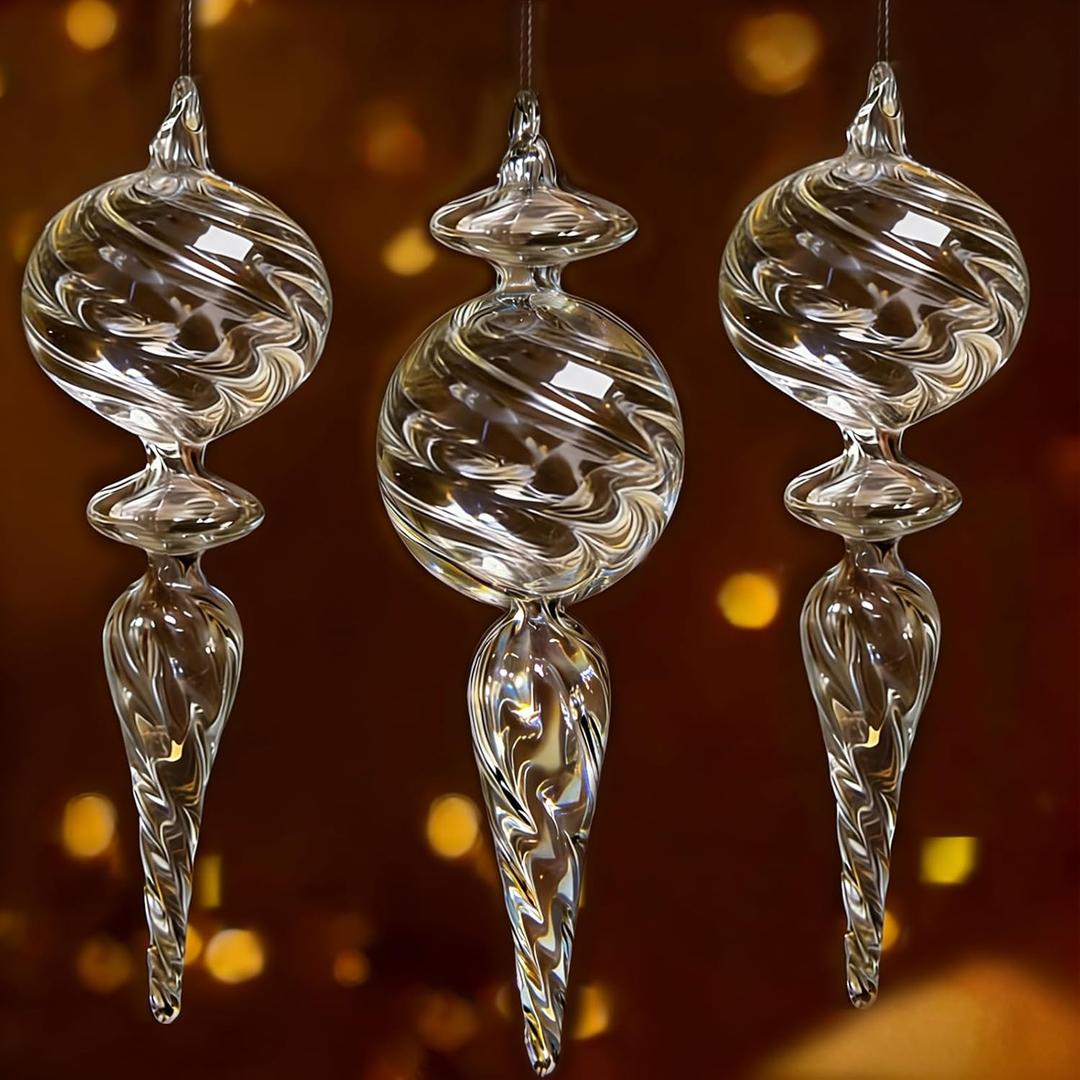 6PCS 9-Inch Hand-Blown Glass Finial Christmas Tree Hanging Ornaments  Extra Large Elegant Clear Glass Holiday Vintage Decorations  Luxury Handmade Seasonal Dcor for Tree, Mantel, Party(Clear)