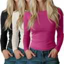 Riyiper 3 Pack Women's Long Sleeve Shirts Cotton Blend Crew Neck Slim Fit Tops Basic Layering Soft Casual Everyday Undershirt (Large, Rose Red, Cream White, Black)
