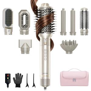 9-in-1 Dual Voltage Hot Air Styler & Hair Dryer Brush (100-240V) with Straightener & Curler Attachments, 110,000 RPM Ionic Fast Drying for Frizz-Free Styling, Gifts for Mom Women