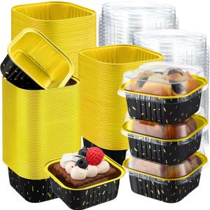 Gandeer 200 Pack 5 oz Mini Cake Pans with Lids, Aluminum Foil Mini Baking Tins, Square Disposable Cupcake Baking Cups Dessert Containers for Christmas Wedding Birthday Winter Party(Black,Stylish)