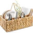 Silverware Holder for Party, Wicker Utensil Caddy, Woven Picnic Caddy for Plates, Water Hyacinth Cutlery Basket, Hosting Essentials Organizer