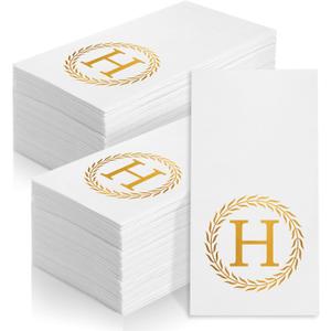 100 Gold Monogram Disposable Napkins - Letter H Hand Towels Decorative, Dinner Napkins for Guest, Monogrammed Hand Towels for Bathroom Wedding Birthday Party Baby Shower