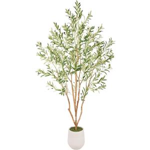 Bellacat 7ft Super Fuller Faux Olive Tree with White Decorative Planter & Multiple Real Wood Trunks, 84in Artificial Olive Tree with Realistic Fruits, Fake Olive Tree for Indoor & Outdoor Dcor