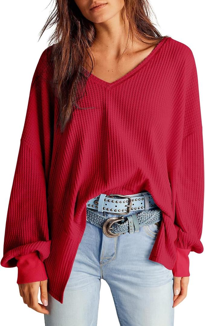 Dokotoo Womens Waffle Knit Tops Fashion 2025 Long Lantern Sleeve Casual Blouses V Neck Oversized T Shirts (XX-Large, Red)