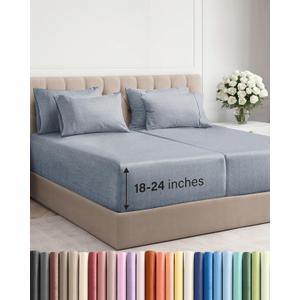 Extra Deep Split King Sheet Set - 7 Piece Breathable and Cooling Sheets - Hotel Luxury Bedding for Women, Men, Kids & Teens - Secure Fit - Soft and Wrinkle Free - Extra Deep Pockets - Heathered Blue