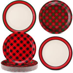 60 Pcs Christmas Buffalo Plaid Plates 9 Inch Disposable Red Black Green Checkered Gingham Dinner Paper Dessert Plates for Birthday Baby Shower Wedding Camping Themed Party Supplies, 4 Styles