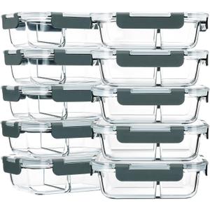 M MCIRCO 10-Pack,30 Oz Glass Meal Prep Containers 2 Compartments Airtight Lunch Bento Boxes with Lids, Glass Food Storage Containers, Microwave, Oven, Freezer, Dishwasher, 7.8 inches x 5.7 inches x 2.5 inches