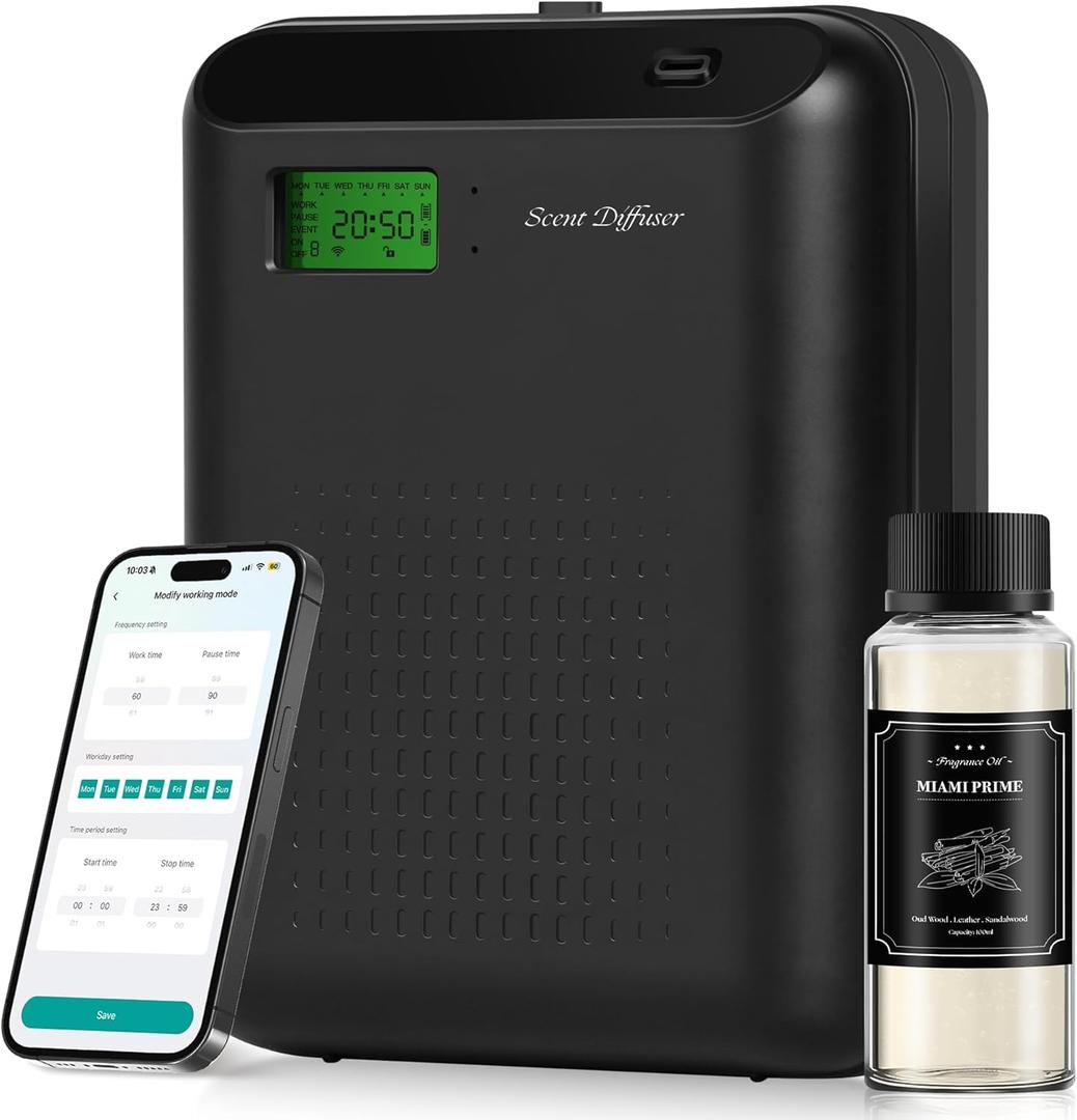 Scent Air Machine Starter Kit  Waterless Diffuser for Home & Commercial Use, Hotel Scent Diffuser Includes 100ml Essential Oil, WiFi/Bluetooth Control, 2000 sq.ft Coverage, Wall-Mount & Desktop (Black)