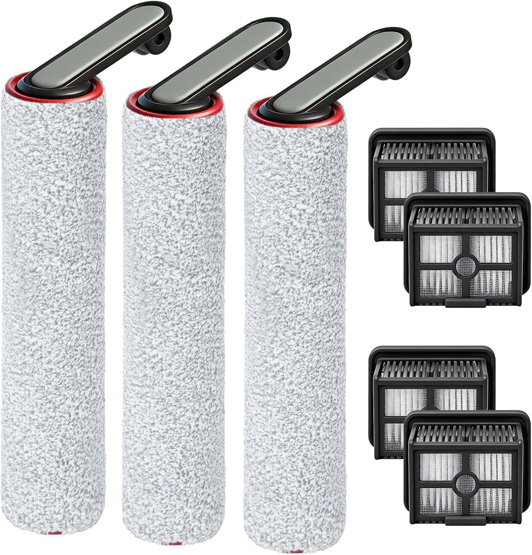 Roller Brush and Filter Replacement Compatible with Dreame H12 Pro, H12 Dual, G10 Pro Cordless Wet Dry Vacuum Cleaner Accessories, 3 Pack Roller Brushes + 4 Pack Vacuum Filters