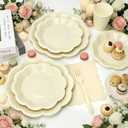 Scalloped Cream Plates and Napkins Party Supplies, Disposable 9 and 7 Ivory Paper Plates Cups Napkins Forks Set for Birthday Wedding Baby Shower Bridal Shower Decorations, Serves for 24 Guests
