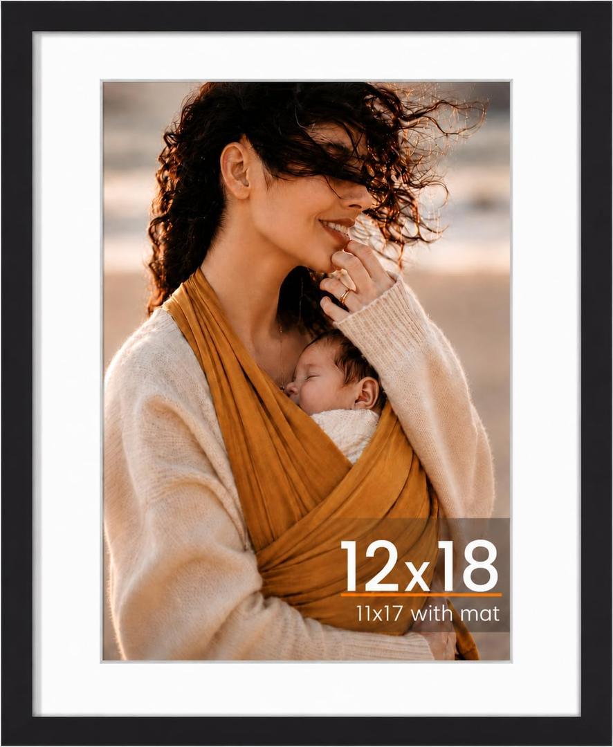 12x18 Picture Frame, Photo Frame with HD Plexiglass, Display Pictures 11x17 with Mat or 12x18 Without Mat for Wall Display, Wall Hanging Photo Frame,1 Pack, Black