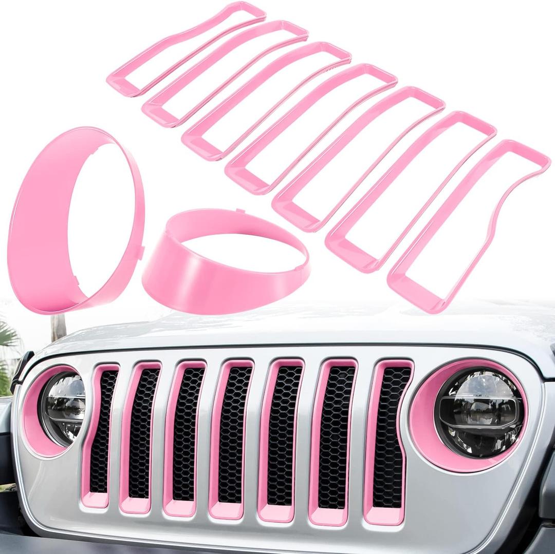 Front Grille Mesh Inserts & Headlight Cover for Jeep Wrangler JL JLU Sport & Sport S Only 20182023 Exterior Accessories Clipin Grille Guard Cover Headlight Bezels Trim Ring (Pink, 9PCS)