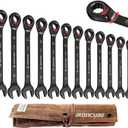 ironcube Reversible Ratcheting Wrench Set: 12-Piece Metric 8-19mm - Tough Black - Wax Canvas Storage Bag - Automotive and Motorcycle Repair Tools