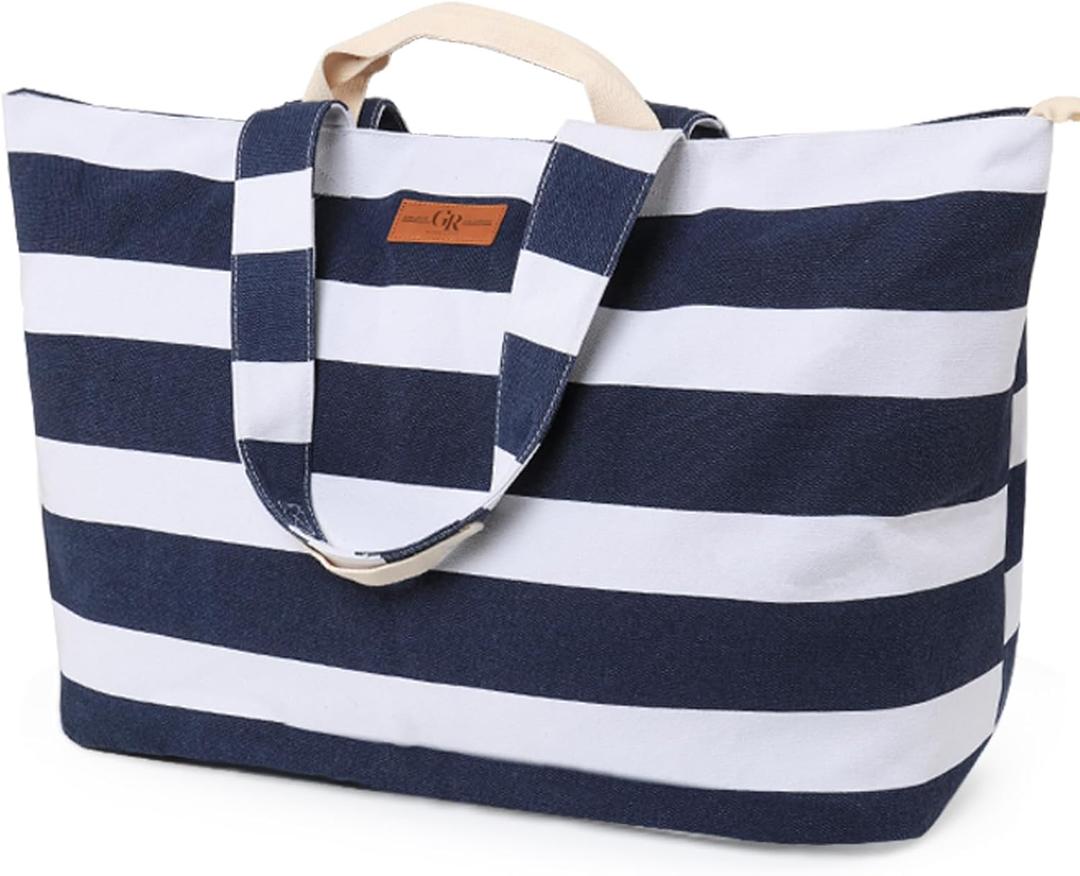Extra Large Beach Bag for Women - Waterproof Sandproof Over-Size Carry On Beach Tote with 5 Pockets Gifts for Women (Ocean Blue Stripes)