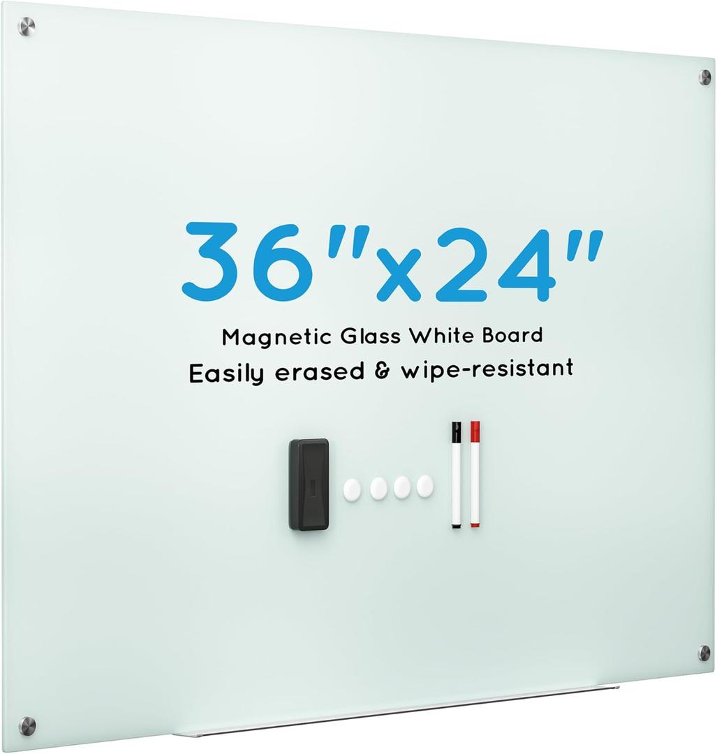VUSIGN 36" x 24" Glass Whiteboard, Magnetie Dry Erase Board of Frameless, Minimalist Style Glass White Board for Wall, Office, Home, School