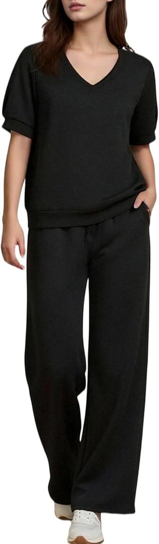 Womens 2 Piece Lounge Sets, Summer V Neck Short Sleeve Tops & Wide Leg Sweatpants (Black, M)