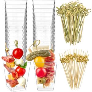 Zezzxu 50 Sets 5 oz Plastic Charcuterie Cups with 100 Sticks, Square Appetizer Cups with Cocktail Picks Mini Party Serving Cups for Fruit, Snack, Dessert