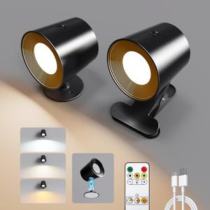 Wall Mounted Lights LED Reading Lights with Clip,Wall Lamp Sconces with Rechargeable Battery Operated,3 Color&Dimmable Touch and Remote Control,Cordless wall lights for living room,bedroom (black, 2)