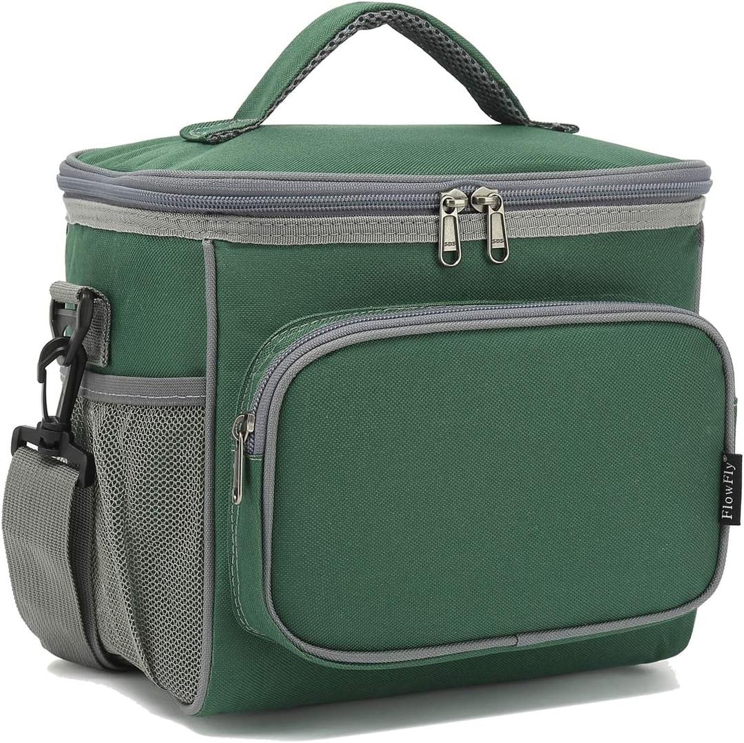 FlowFly Insulated Reusable Lunch Bag Adult Large Lunch Box for Women and Men with Adjustable Shoulder Strap,Front Zipper Pocket and Dual Large Mesh Side Pockets,ArmyGreen