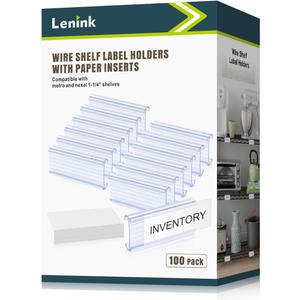 Lenink 100Pcs Wire Shelf Label Holders with 100Pcs Label Paper Inserts, Plastic Wire Rack Label Holder Compatible with Metro and Nexel 1-1/4in Shelves, Label Area 3in Lx1.25in H (Transparent)