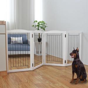 ZJSF Freestanding Foldable Dog Gate - Extra Wide White Puppy Gate for Stairs & Doorways - Tall 4 Panels Wooden Pet Fence