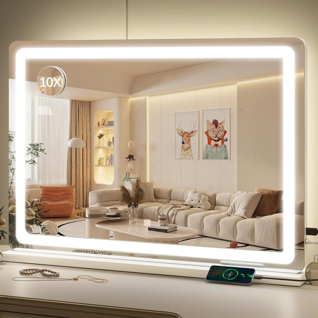 ROLOVE Vanity Mirror with Lights, 32" x 22" Large Lighted Vanity Mirror with Dimmable 3 Modes, LED Makeup Mirror, Touch Screen Control, USB Charging Port, Tabletop or Wall-Mounted