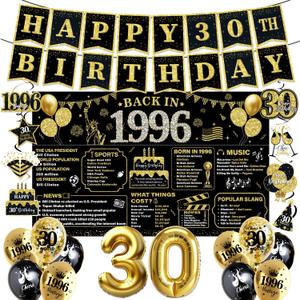 30th Birthday Decorations for Men Women Black Gold, 37PCS Pre-Strung Happy Birthday Banner with Backdrop, Balloons, Centerpieces & Hanging Swirls, 30 Year Old Birthday Party Supplies Decorations