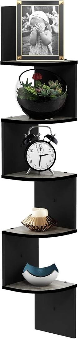 Furinno Rossi Wall Mount Floating Corner Shelf, 5-Tier Radial, French Oak Grey/Black