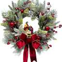 22 Inch Pre-Lit Artificial Christmas Wreath with Jesus Figurine Nativity Scene Glitter Ball Ornaments Snow Flocked Cedar Branches Pine Needles Berries and Timer for Christmas Decor Front Door Mantel