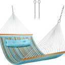 12 FT Double Quilted Fabric Hammock with Spreader Bars and Pillow 450 LBS Weight Capacity 2 Person Hammock for Outdoor Patio Backyard Poolside Blue Stripes