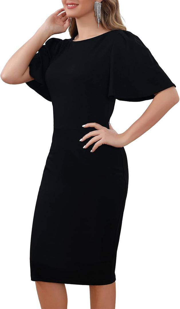 Aphratti Women's Short Sleeve Work Sheath Midi Dress Elegant Fitted Cocktail Party Church Funeral Outfit (Medium, Black)
