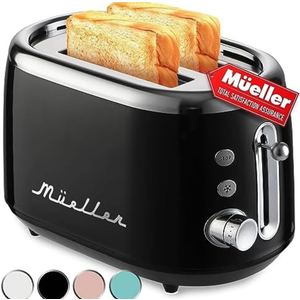 MÜELLERHOME Retro Toaster 2 Slice, 7 Browning Levels, 3 Functions (Reheat, Defrost, Cancel), Stainless Steel Features, Removable Crumb Tray, Under Base Cord Storage, Black 2 Pack