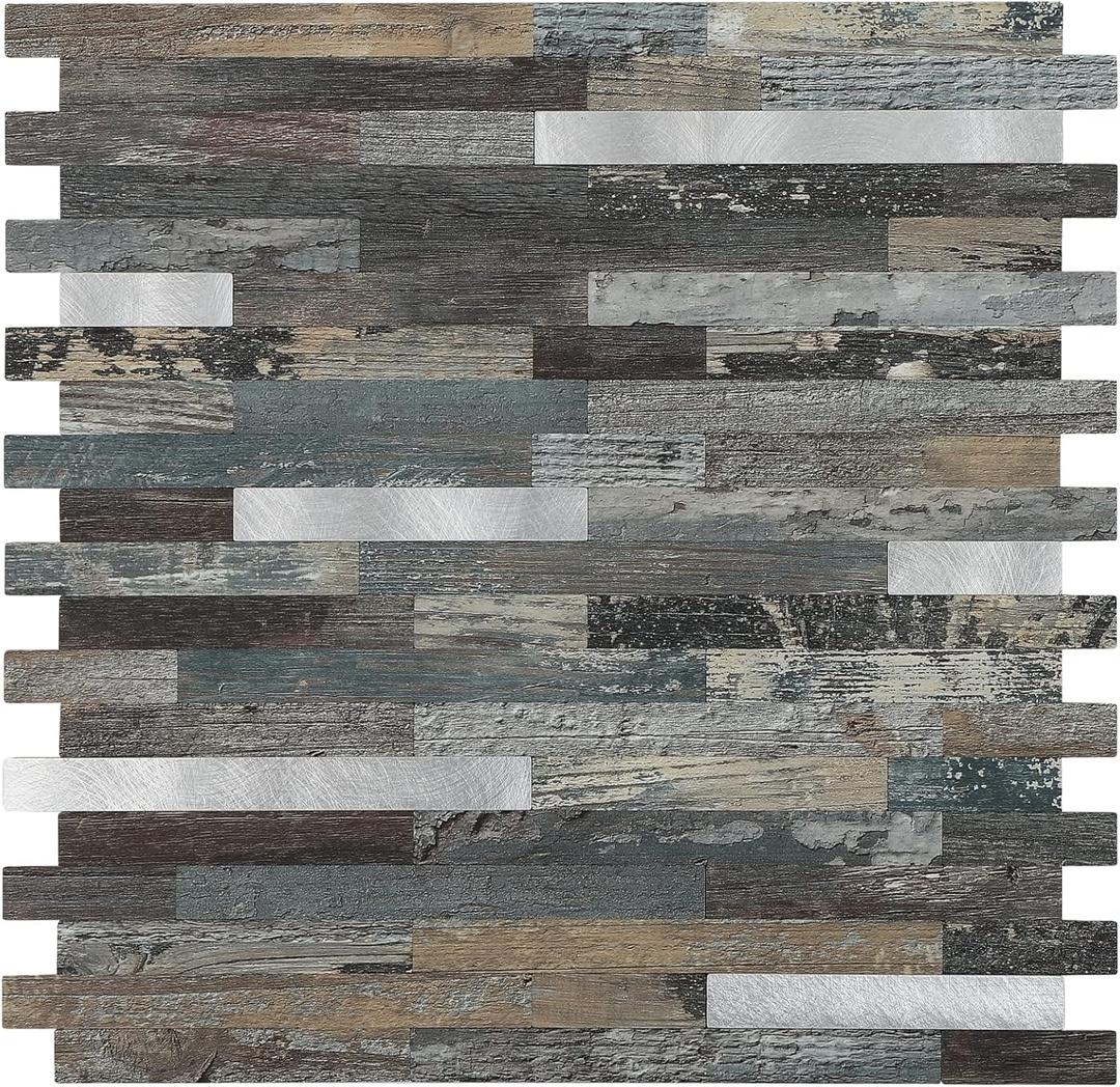 Midcard 10 Sheets Peel and Stick Backsplash PVC Wall Tile,for Kitchen Backsplash (Rectangular Dented Wood with Metallic Silver)