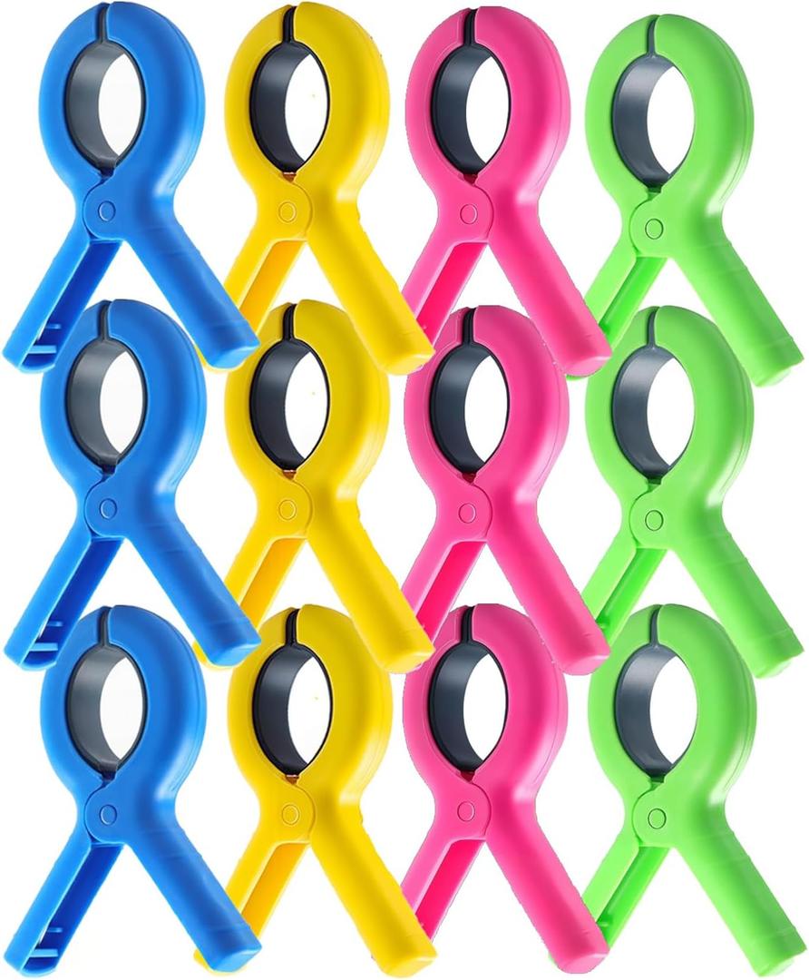 12 Pcs Beach Towel Clips for Beach Chairs, 3.7 Inch Clothes Pins for Cruise & Pool, Windproof Chair Clips for Towel Holder, 4 Colors