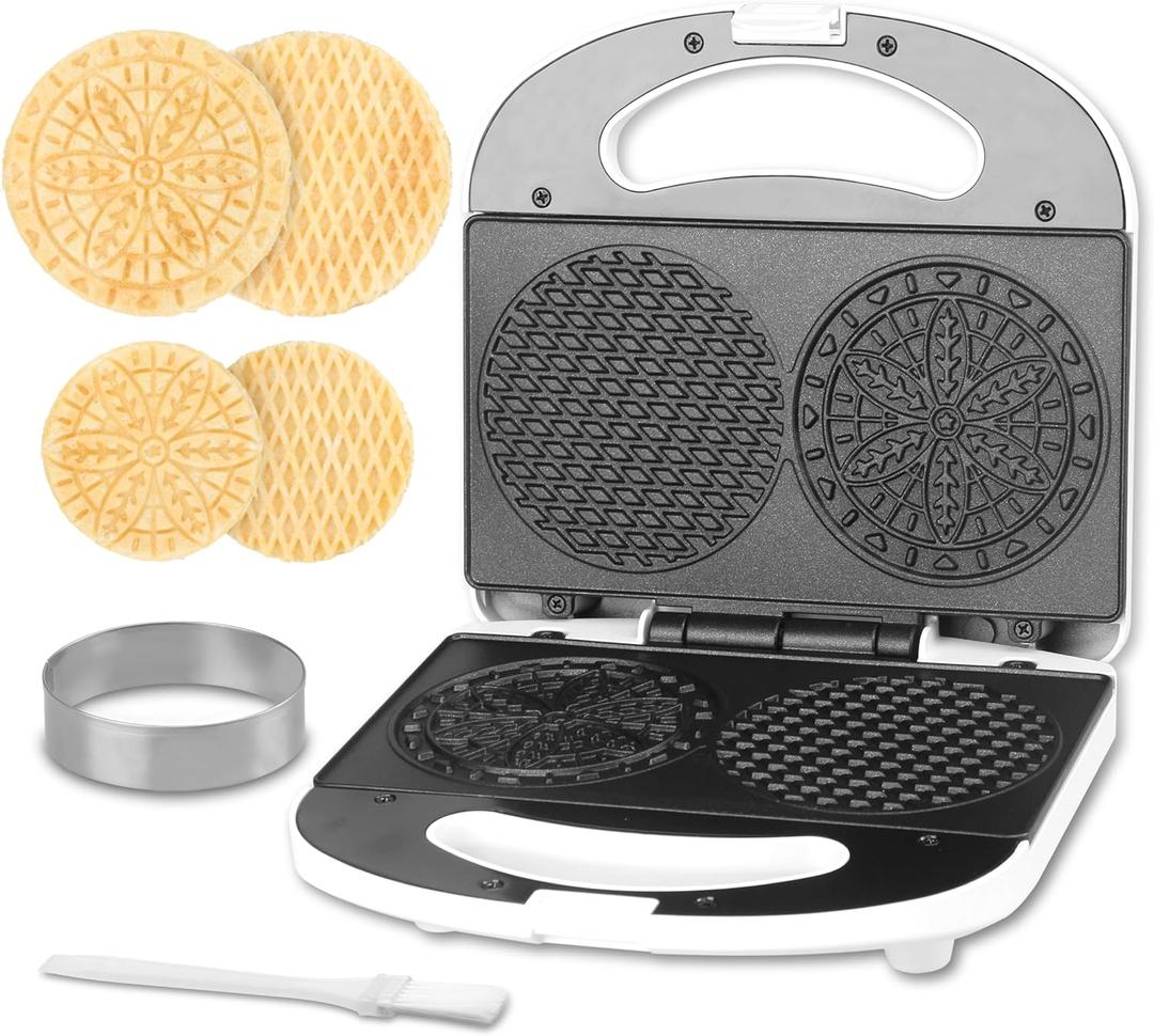 Mini Pizzelle Maker Machine with a 3'' Cutter, Mini Stroopwafel Iron, Bake 2 x 4'' Pizzelles or 3'' Stroopwafels, Excellent for Holiday, Party, Dessert Treat Making & More
