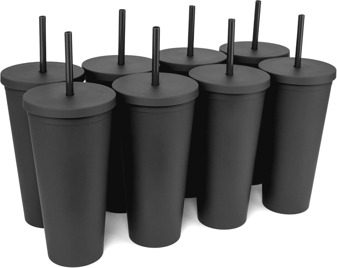 STRATA CUPS Classic Black Tumblers with Lids (8 pack) - 22oz Colored Acrylic Cups with Lids and Straws, Double Wall Matte Plastic Bulk Tumblers With FREE Straw Cleaner! Customizable DIY Gifts (22oz (Pack of 8))