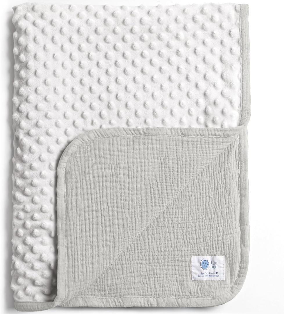 lulumoon Baby Blankets for Boys Newborn: Muslin & Minky Dotted Backing - Thermal Receiving Blanket for Stroller & Registry Gift 30"x40"Gray