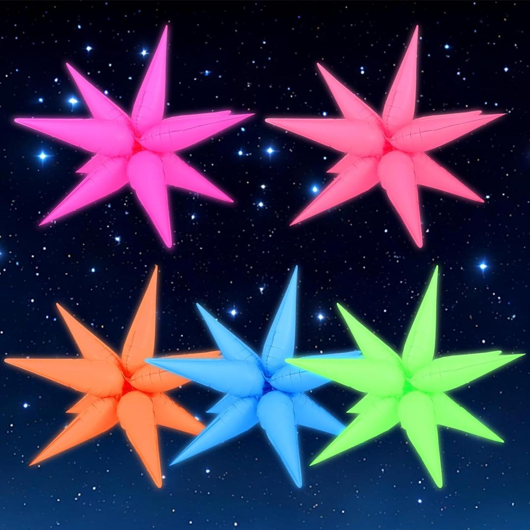 5 Pcs Neon Balloons for Glow Party Foil Explosion Neon Star Balloons Kit Cone Balloon Glow in The Dark Party Supplies Fluorescent Balloon for Halloween Christmas Birthday Anniversary Backdrop Decor