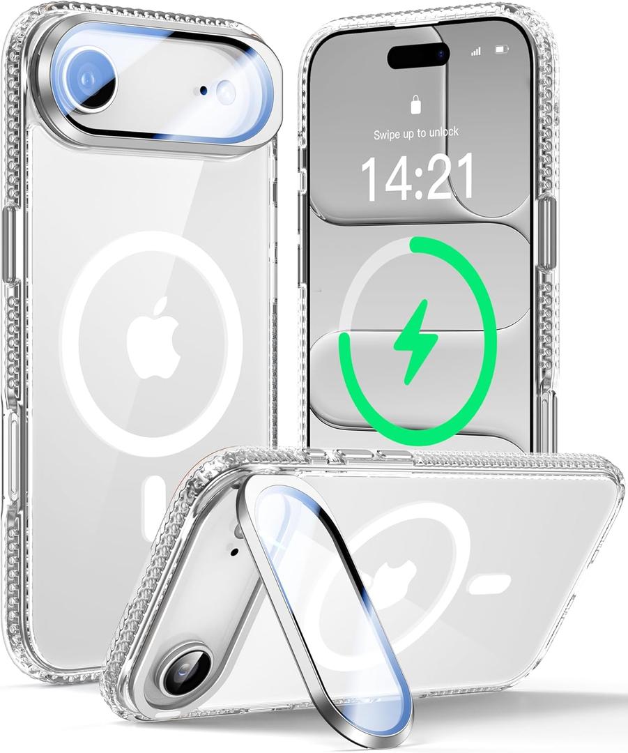 VOFATA [Upgraded Full Camera Protection] for iPhone Air Case with Camera Cover Stand [Fit for MagSafe][10FT Mil-Grade Protection] Transparent Magnetic Phone Cover for iPhone 17 Air Case, Clear