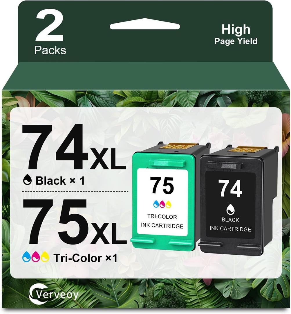 74/75 Remanufactured Ink Cartridge Combo Pack Compatible for HP Ink 74 75 XL CB335WN CB337WN for Officejet J6480 J5780 Deskjet D4260 D4360 Photosmart C4280 C5280 Printer Ink (2 Pack, Black,Tri-Color)